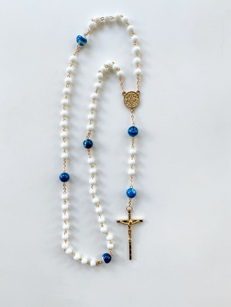 Blue Agate + White Glass Rosary | Little Rose Designs